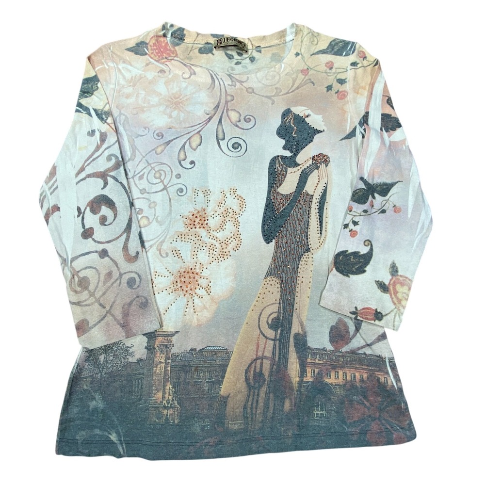 Vintage‎ Blue Canyon Shirt Small Rhinestone Boho Y2K Art Whimsical Fairycore Top